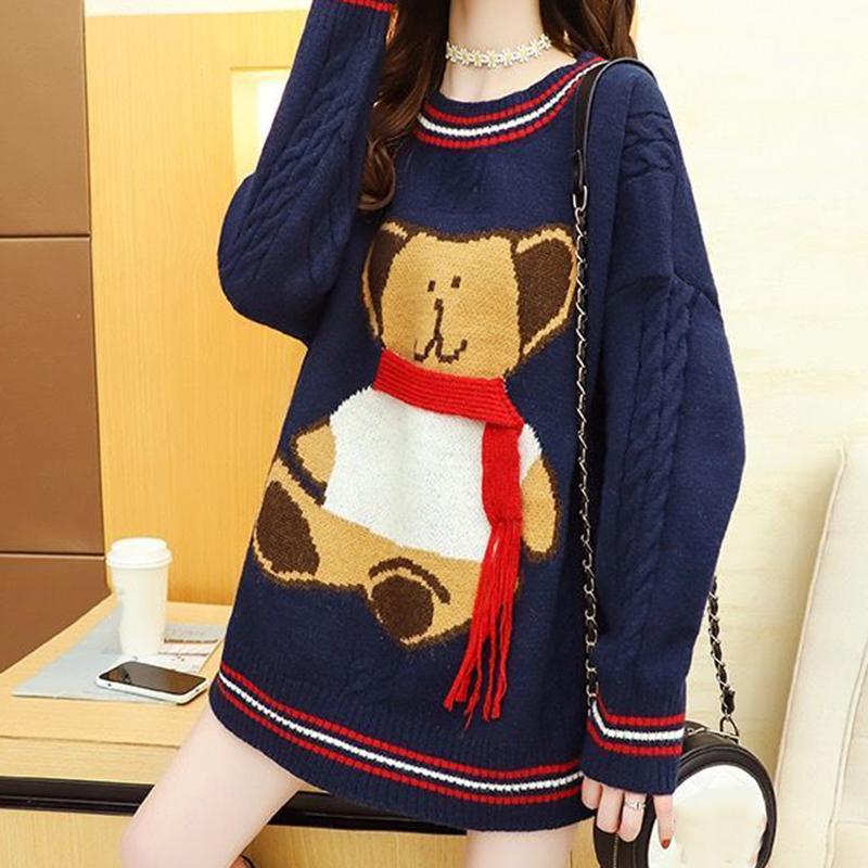 Autumn Winter Women Fashion Sweater Casual Knitting Sweater Mid-length Round Neck Pullovers Loose Casual Long Sleeve Sweater