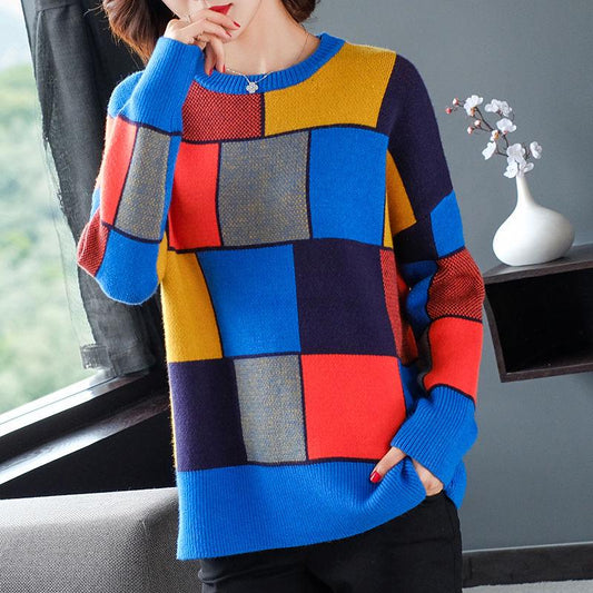 Vintage Women Checker Sweater Pullover Loose Color Block Thickening Knit Sweater Bottoming or Outwear