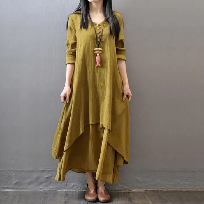 Cotton and Linen Dress Female Spring and Autumn Vacation Two Large Size Loose and Thin Long-sleeved DRESS
