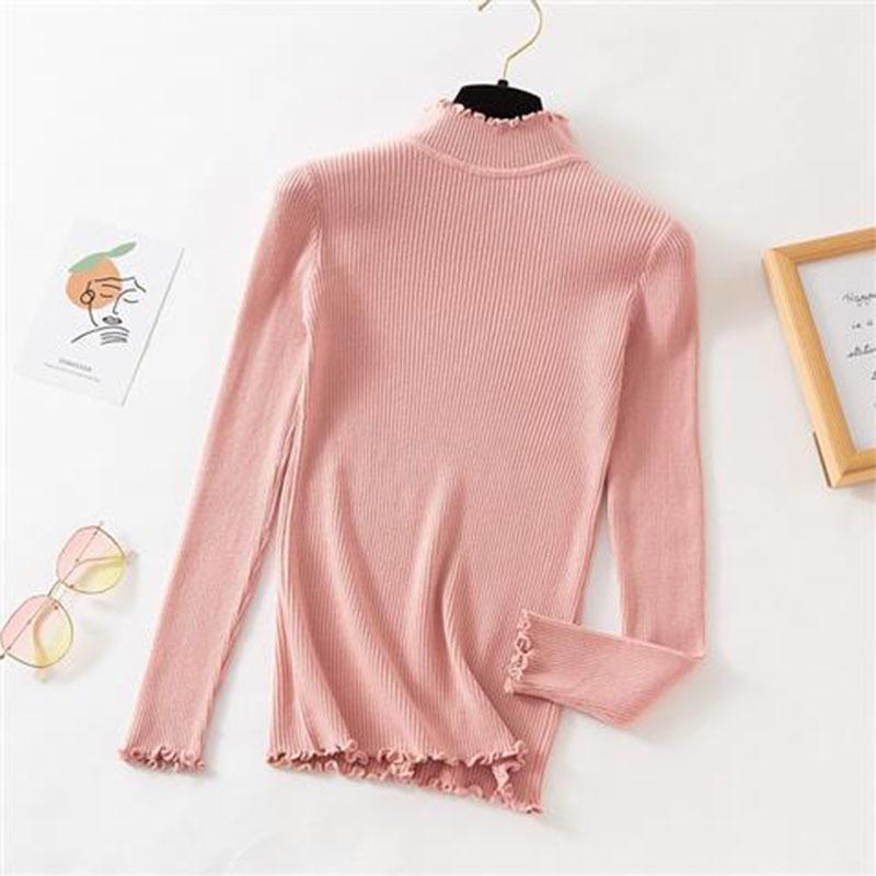 Autumn Winter New Style Half High Neck Knit Sweater with Wooden Ears Long-sleeved Pullover Slim-fit Lace-neck Sweater Women's Bottoming Shirt