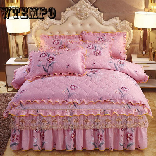 Embroidery Printed Bedding Set 4pcs Duvet Cover Bedspread Pillowcase Bed Skirt Sheet Set