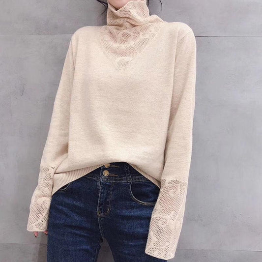 Autumn and Winter Turtleneck Sweater Slim Long-sleeved Lace Sweater with Stitching Bottoming Shirt Women
