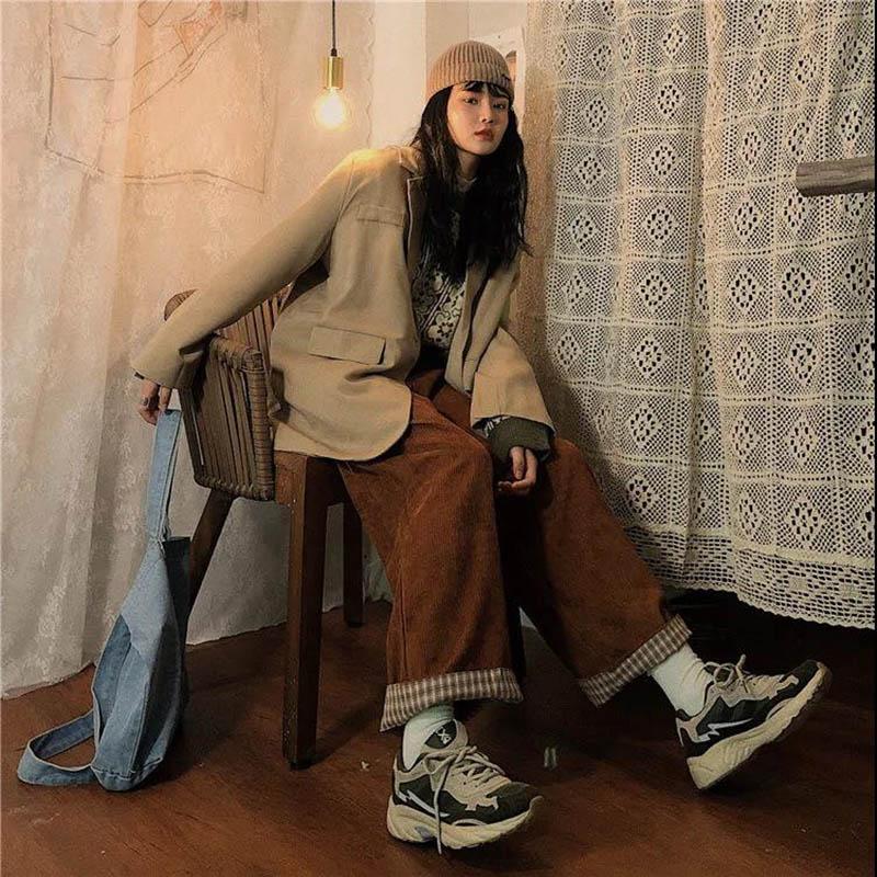 Autumn and Winter Models Plus Velvet Pants Korean Loose Wild Trend Vibe Retro Corduroy Wide-leg Pants Women