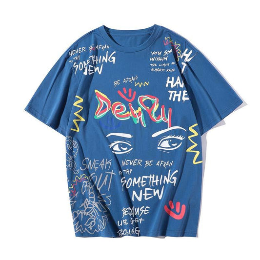 2021 Spring Men's Fashion Hand-painted Graffiti Printing Men's Loose Round Neck Short-sleeved T-shirt