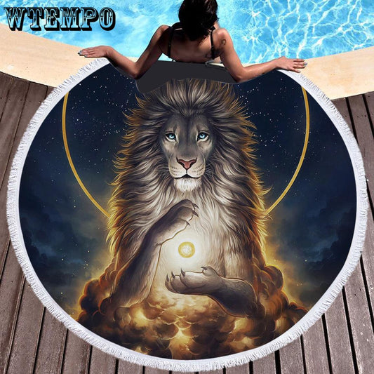 WTEMPO Round Shape Beach Towel lion Digital Printed Polyester Blanket Yoga Mat