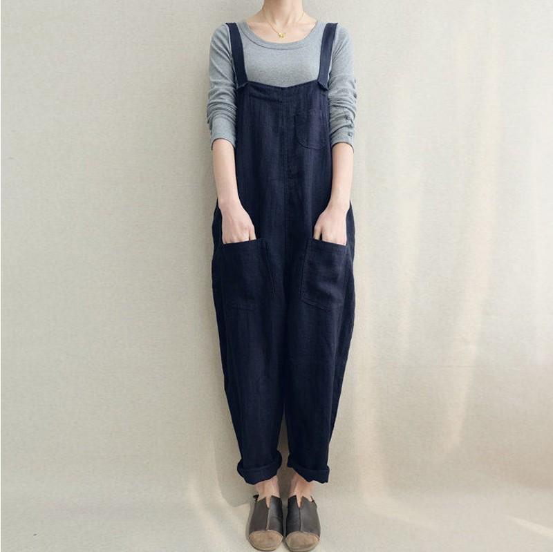 Women Casual Linen Jumpsuits Overalls Pants with Pockets Vintage Linen Harem Pants