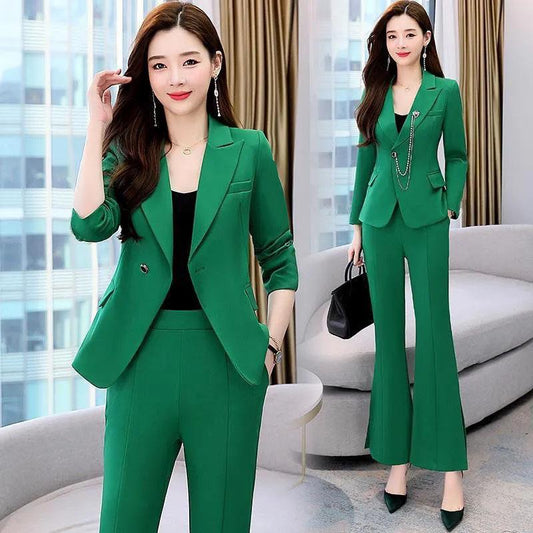 2PCS Women's Suits Spring Slim Fit and Age-reducing Business Suits Suit Collar Jacket + Flared Trousers Two-piece Set Wide Leg Pants Suit