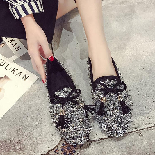 WTEMPO Spring Flat Bottom Student Sequin Loafers One Pedal Loafers Female Flat Bottom Shoes