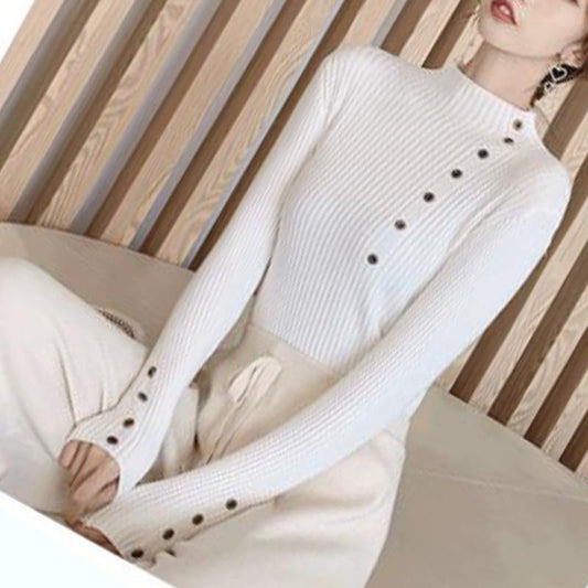 Long-sleeved Casual Bottoming Sweater Women's Spring and Autumn Thin Slim Half Turtleneck Buttoned Sweater Short Style Top
