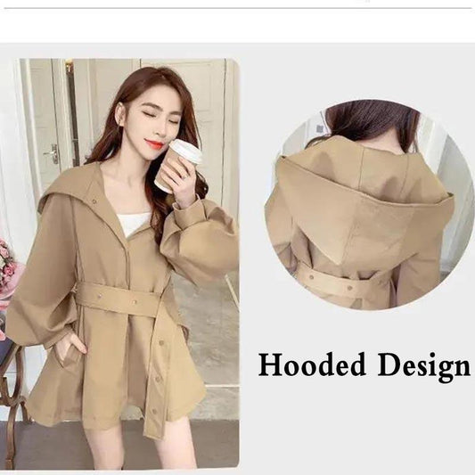 Short Windbreaker Women's Spring and Autumn Loose Hooded Lantern Sleeve Large Size Raincoat Jacket