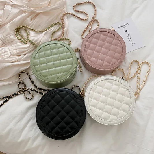 Diamond Lattice Round Bag Metal Chain Pu Leather Messenger Bag Women Outing Trip Large Capacity Crossbody Bags