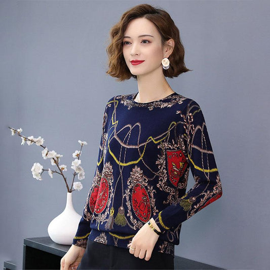 Women Printed Sweater Long Sleeve O-Neck Knitted Pullover Sweater Fashion Loose Jumper Tops Plus Size Knitwear Outwear