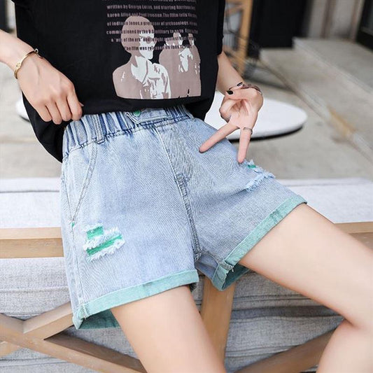 WTEMPO Women Loose Ripped Pants Big Pocket High Elastic Waist Denim Shorts Spring and Summer Wide Leg A-line Thin Casual Jeans