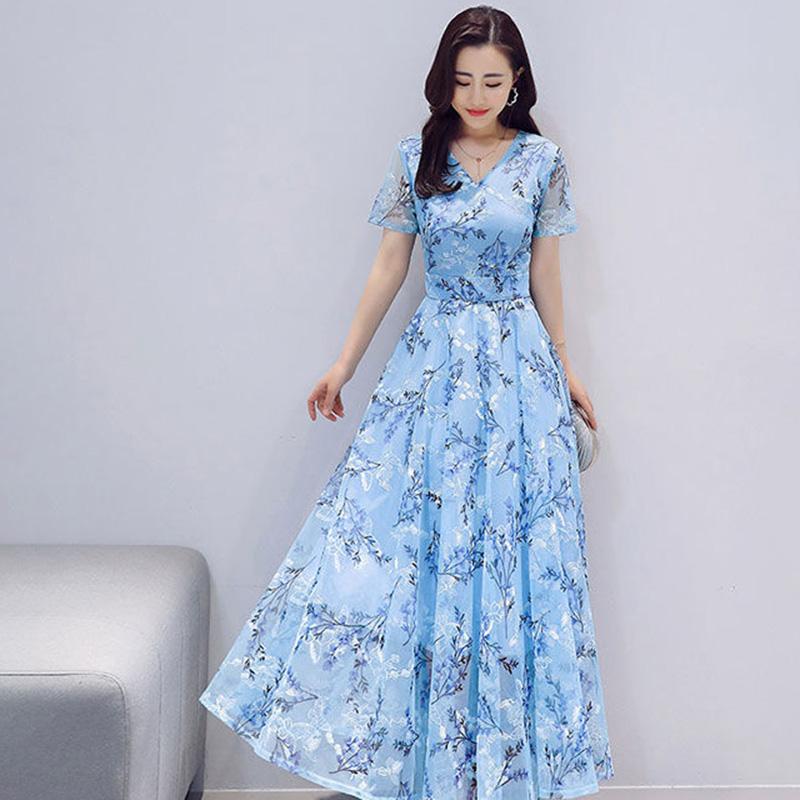 Embroidered Net Yarn Printed Chiffon Dress Summer Long Waist Short-sleeved Beach Skirt Long Skirt Temperament Elegant Long Skirt Women