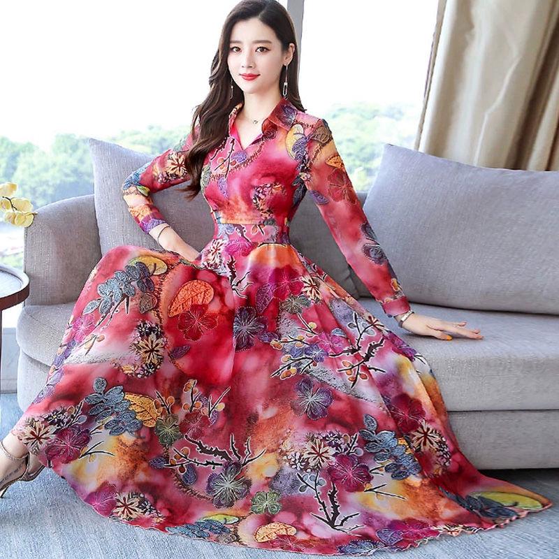 Long Waist Long Swing Long Dress Spring / Summer Long Sleeve Dress Plus Size Chiffon Dress Woman