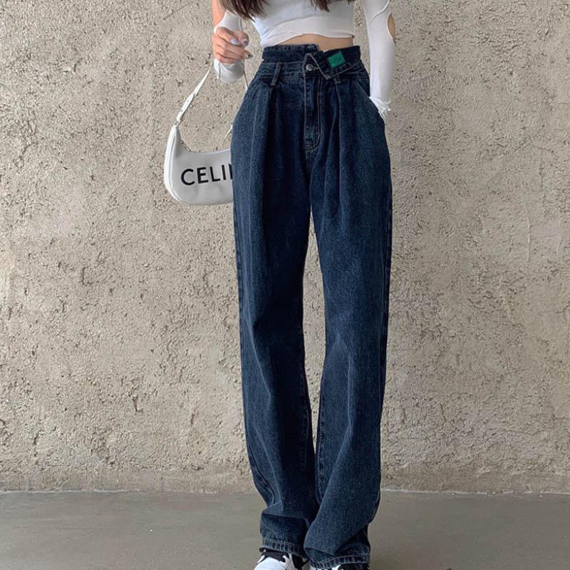 Dark Blue Jeans Female Spring and Autumn Straight High Waist Leaps Thin Pear Type Body Pants