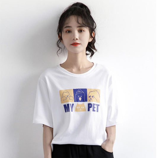 100% Cotton Summer Thin Hong Kong Style Short Short Sleeve T-shirt Women Cartoon Printing Solid Color Short Top