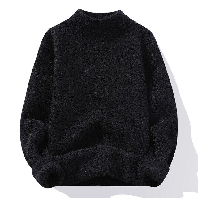 Men's Sweater Autumn and Winter Thickened Imitation Mink Cashmere Korean Fashion Personality Semi-High Neck Knitted Sweater
