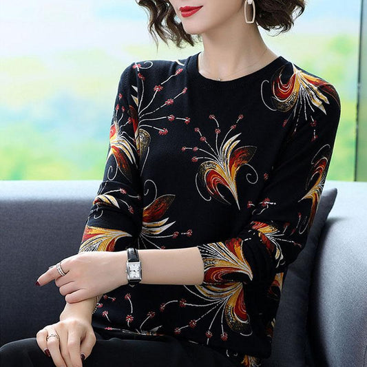 Women Winter Fall Vintage Ethnic Style Woolen Sweater Floral Printed Long Sleeve O-neck Knitted Sweaters Lady Casual Jumper Tops