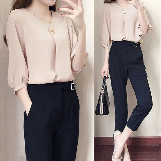 Work Suit V-neck Sleeve Shirt Temperament Suit Nine-point Pants Ladies Suit Casual Shirt Suit Pants Elegant and Temperament Work Suit