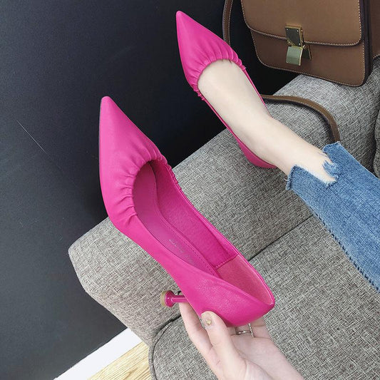 High Heels Women European Stiletto Mid-heel Pointed Toe Fashion High Heels Working Leather Shoes Women