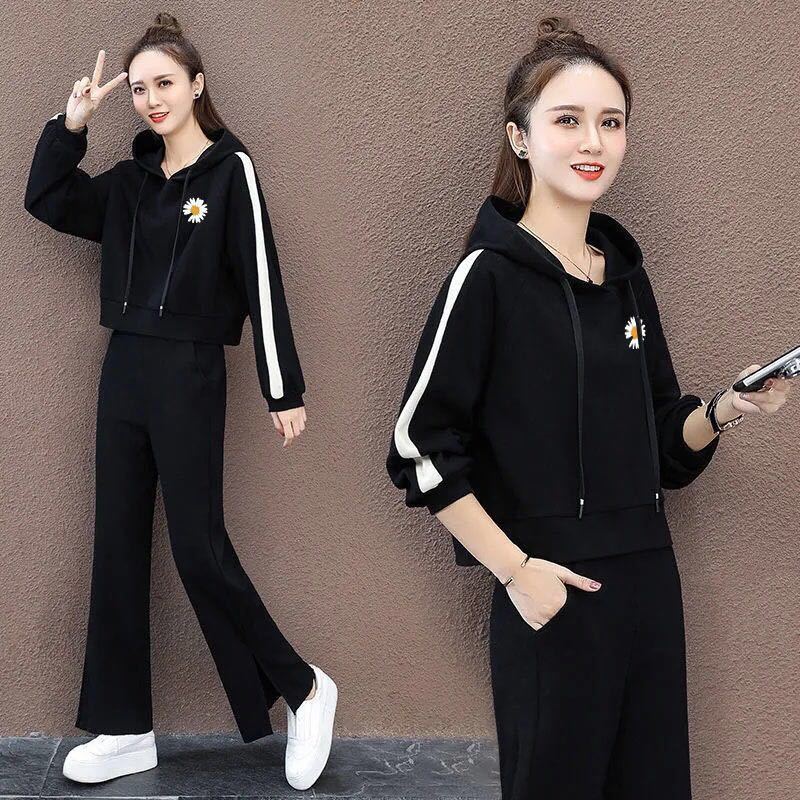 Suit Cotton-containing Leisure Sports Suit Hooded Long-sleeved Hoodie Wide Leg Pants Two-piece Women's Loose Suit Casual Wear