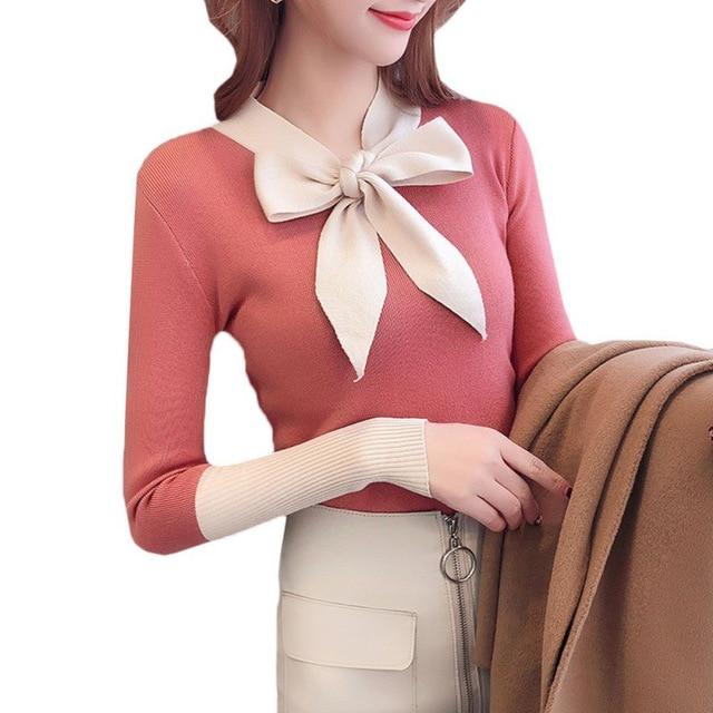 Winter Knitwear Bow V-Neck Bottoming Shirt Simple Color Pullover Jumper Long Sleeve Sweater