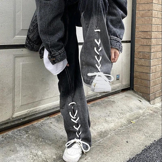 American High School Tide Cards Gradient Straps Jeans Female Spring Autumn Loose High Waist Wild Trousers Tide