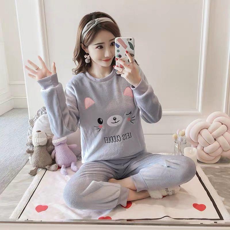 Winter Thickening Plus Velvet Women's Pajamas Suit Fashion Flannel Cartoon Outer Wear Cute Sweet Home Service