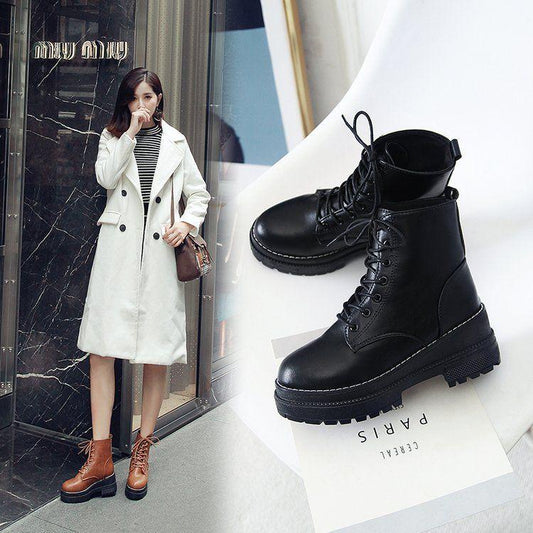 Chunky Motorcycle Boots for Women Autumn Fashion Round Toe Lace-up Combat Boots Ladies Shoes