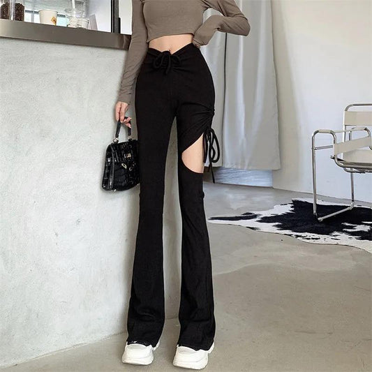 Spring and Autumn Casual Pants Female High Waist Slim Slime Hollow Flavpet Design