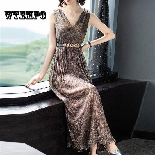 WTEMPO Long Dress Female V-neck Sexy Dresses Summer Thin Pleated High Waist Vest Clothing