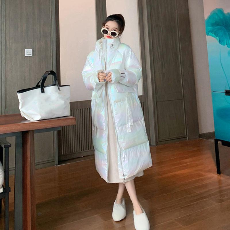 Glossy Cotton Jacket Women's Stand-up Collar Over The Knee Long Loose and Thick Warm Quilted Jacket Coat Bread Winter Warm Jacket