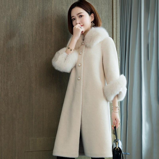 Autumn and Winter New Faux Sheep Shearling Coat Women Mid-length Faux Fox Fur Collar Loose Grain Fleece Faux Fur Coat