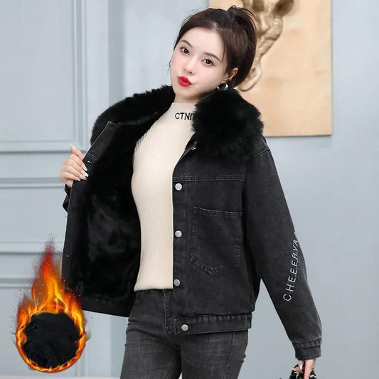 Big Fur Collar Short Padded Jacket Women Plus Velvet Thick Denim Jacket Loose Warm and Comfortable Cotton Coat