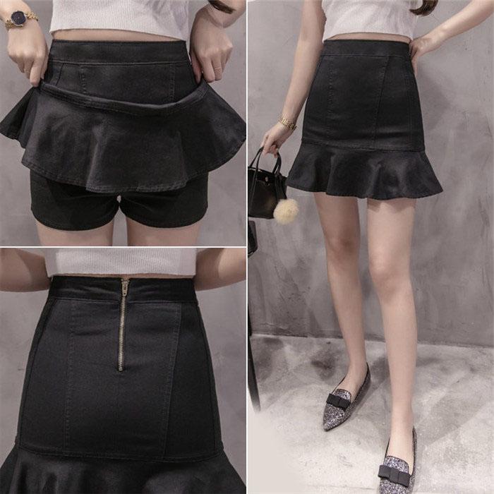 Pofulove Women Anti-light Denim Skirt Pants High Waist Slim Mermaid Hip Skirts Mini A-line Skirt
