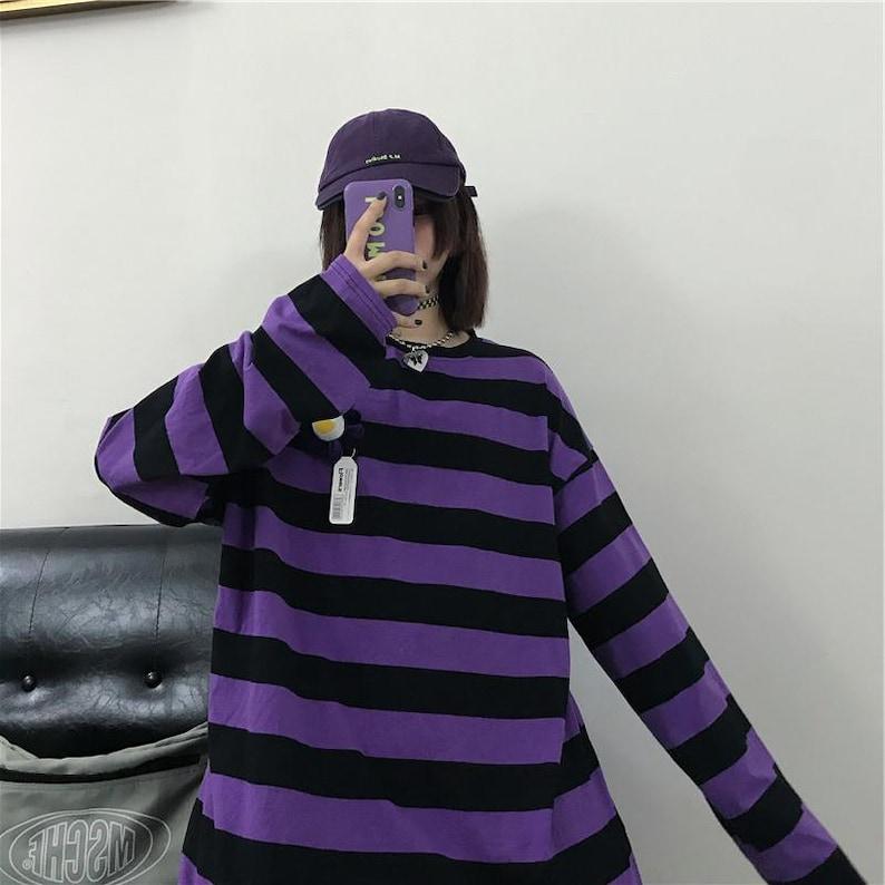 Purple Striped Goth Long Sleeve Emo Scene EGirl Shirt 2000s Oversized Long-Sleeve Lil Peep Street Gothic Fashion TikTok Harajuku Punk Outfit