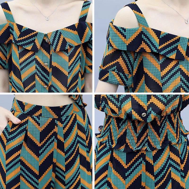 2pcs Summer Women's Clothing Strapless One Shoulder Two-piece Striped Wide-leg Pants Suit