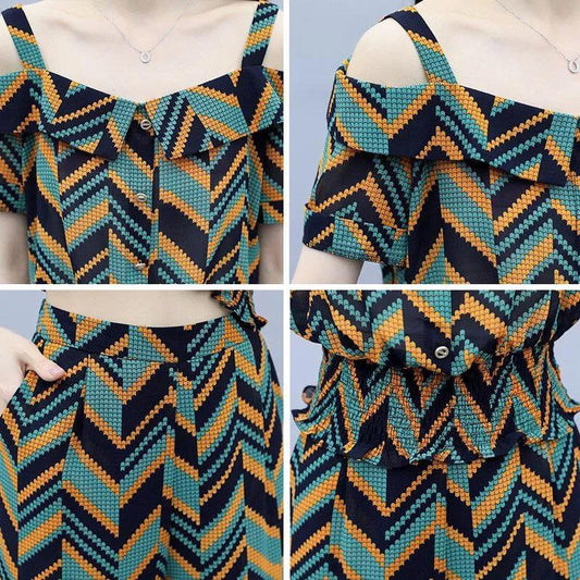 2pcs Summer Women's Clothing Strapless One Shoulder Two-piece Striped Wide-leg Pants Suit