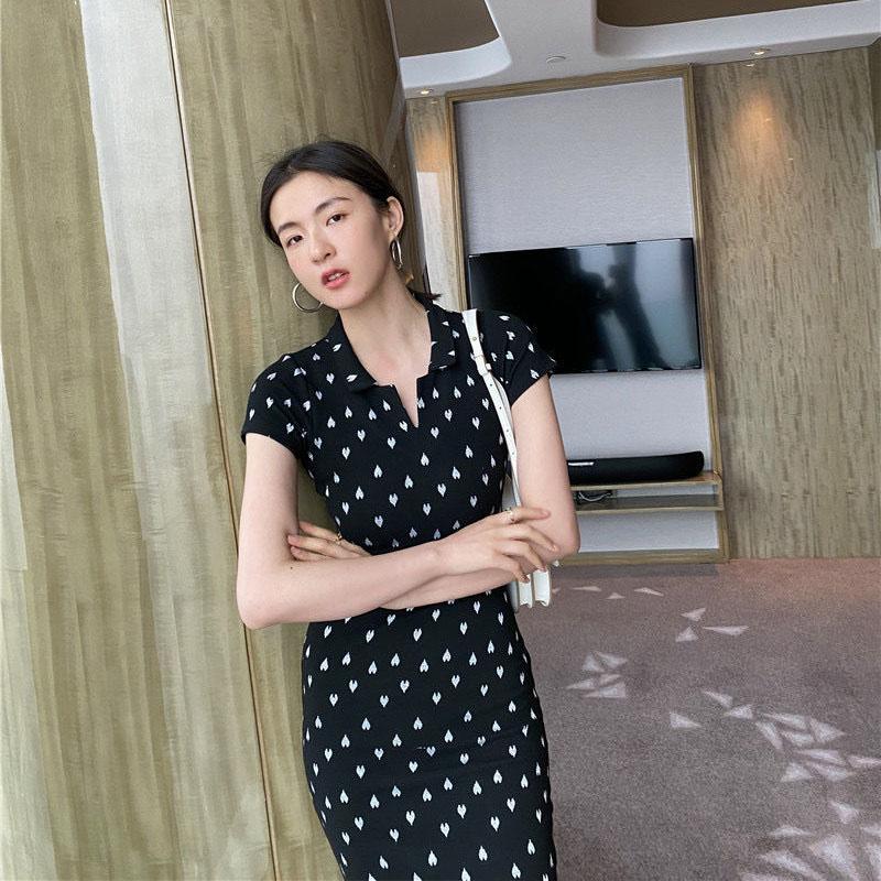 Female Slim Stretch Tight Short Sleeve Vintage Party Dress Elegant Knitted Print Holiday Dress