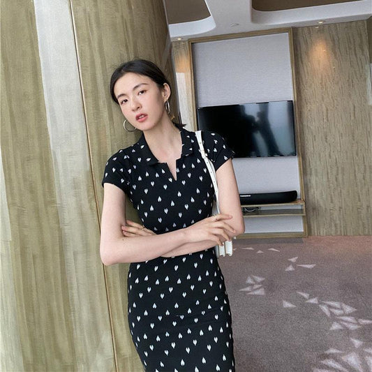 Female Slim Stretch Tight Short Sleeve Vintage Party Dress Elegant Knitted Print Holiday Dress
