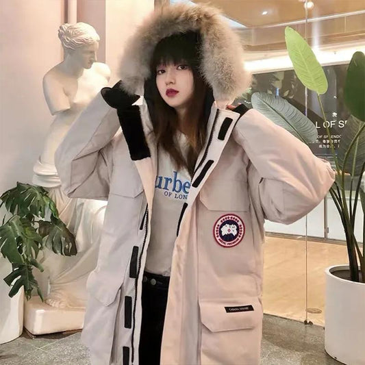Men's and Women's Mid-length Down Jacket Thickened Tooling Canadian Style Couple Goose Loose Jacket Pie To Overcome Fur Collar Warm Cotton Clothing
