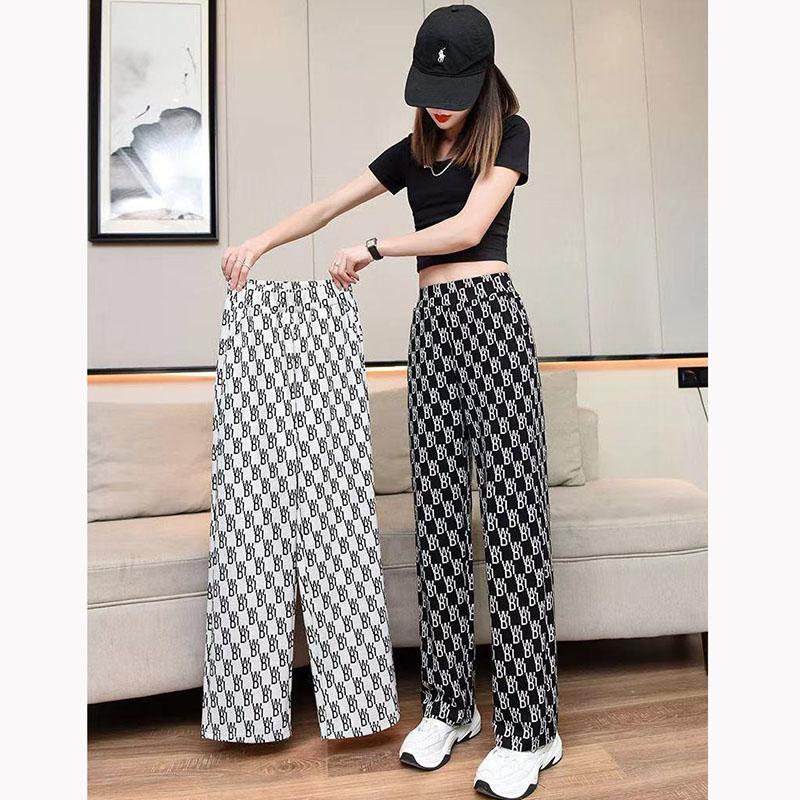 Wide Leg Pants Women's High Waist Vertical Printed Pants Spring and Autumn Loose Thin All-match Straight Casual Trousers