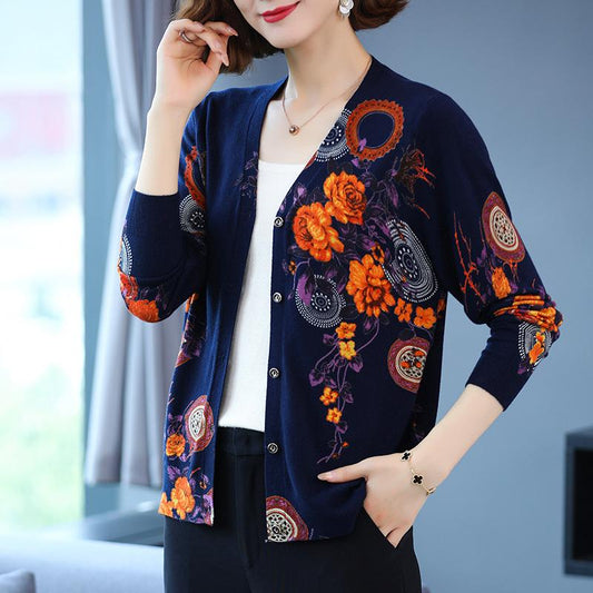Autumn Winter Women's Knitted Sweater Coat 3d Printing V-neck Cardigan Female Woolen Single-breasted Cardigan