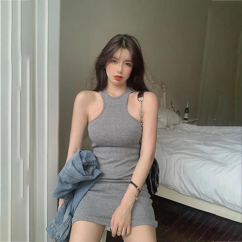 Sexy Knitted Tight-fitting Dress High Elasticity Solid Color Round Neck Women Summer One Size 3 Color