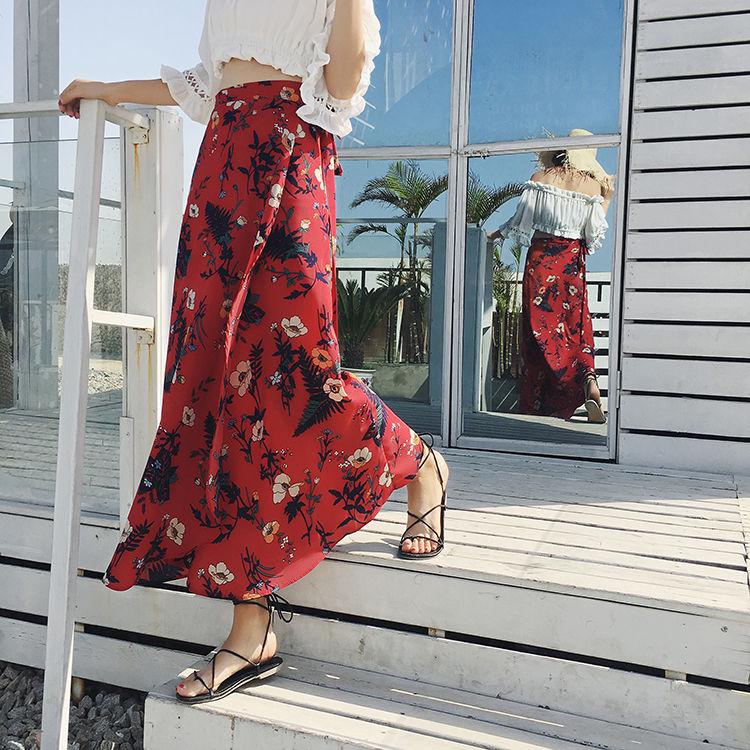 Vintage Floral Print Pockets All-match Women Long Half Length Skirt Autumn Loose Casual Female Skirt