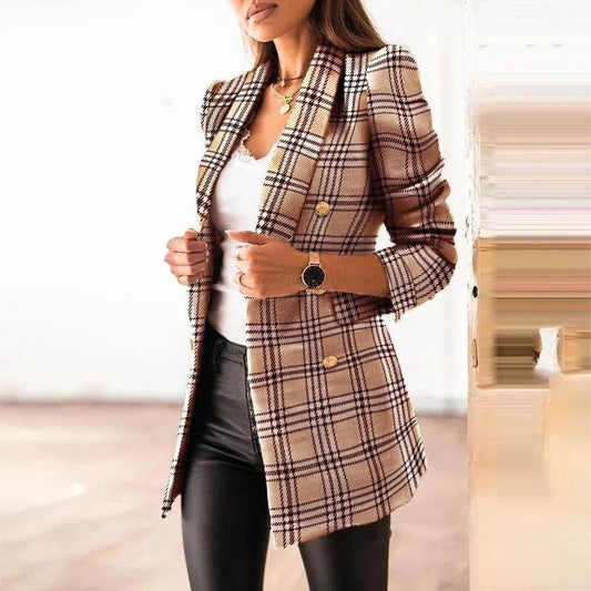 Autumn and Winter Models European and American Fashion Long-sleeved Double-breasted Suit Collar Printed Jacket