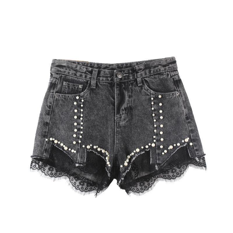 WTEMPO Denim Shorts Women High Waist Summer Thin Section Was Thin Hole Trousers Beaded Lace Wide Leg Pants