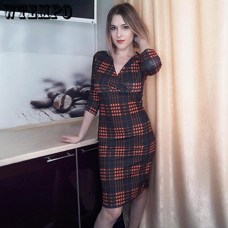 Plaid Dress Women OL Dress Body Sexy V Neck Plaid Spring Autumn Cotton Casual High Waist Midi Dresses Plus Size Short Sleeve Slim Clothes