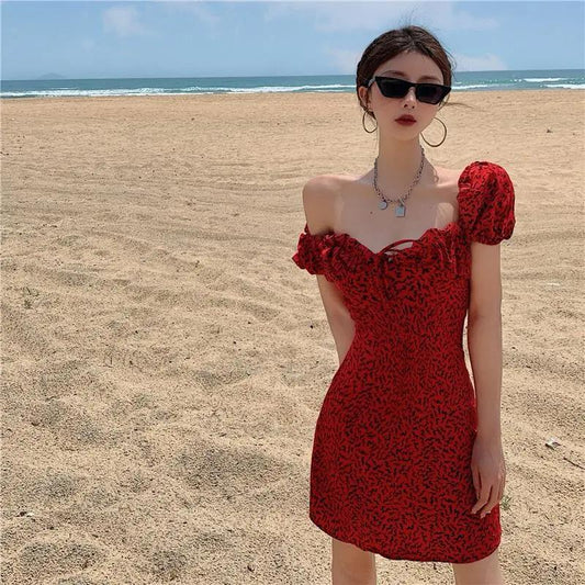 One-Shoulder Puff Sleeve Leopard Dress Women's Summer Slim Skirt